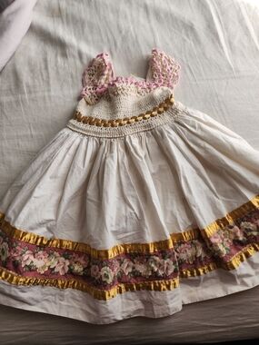 Cream Cotton Dress with Pink Crochet Bodice and Floral Trim